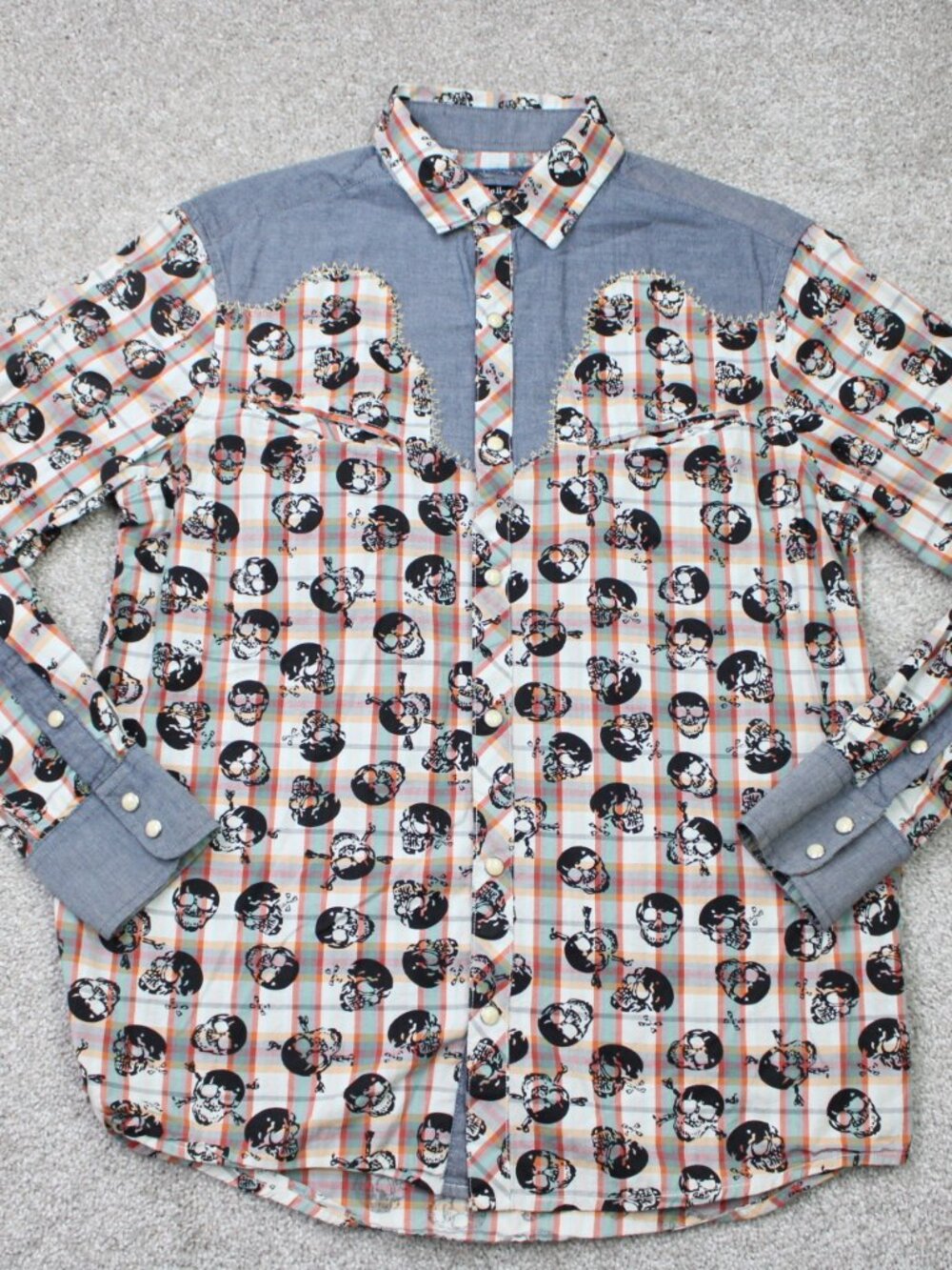 Rock Roll-n-Soul AOP Shirt Mens Small Orange Skull All Over Print Pearl Snap L/S - Picture 1 of 12